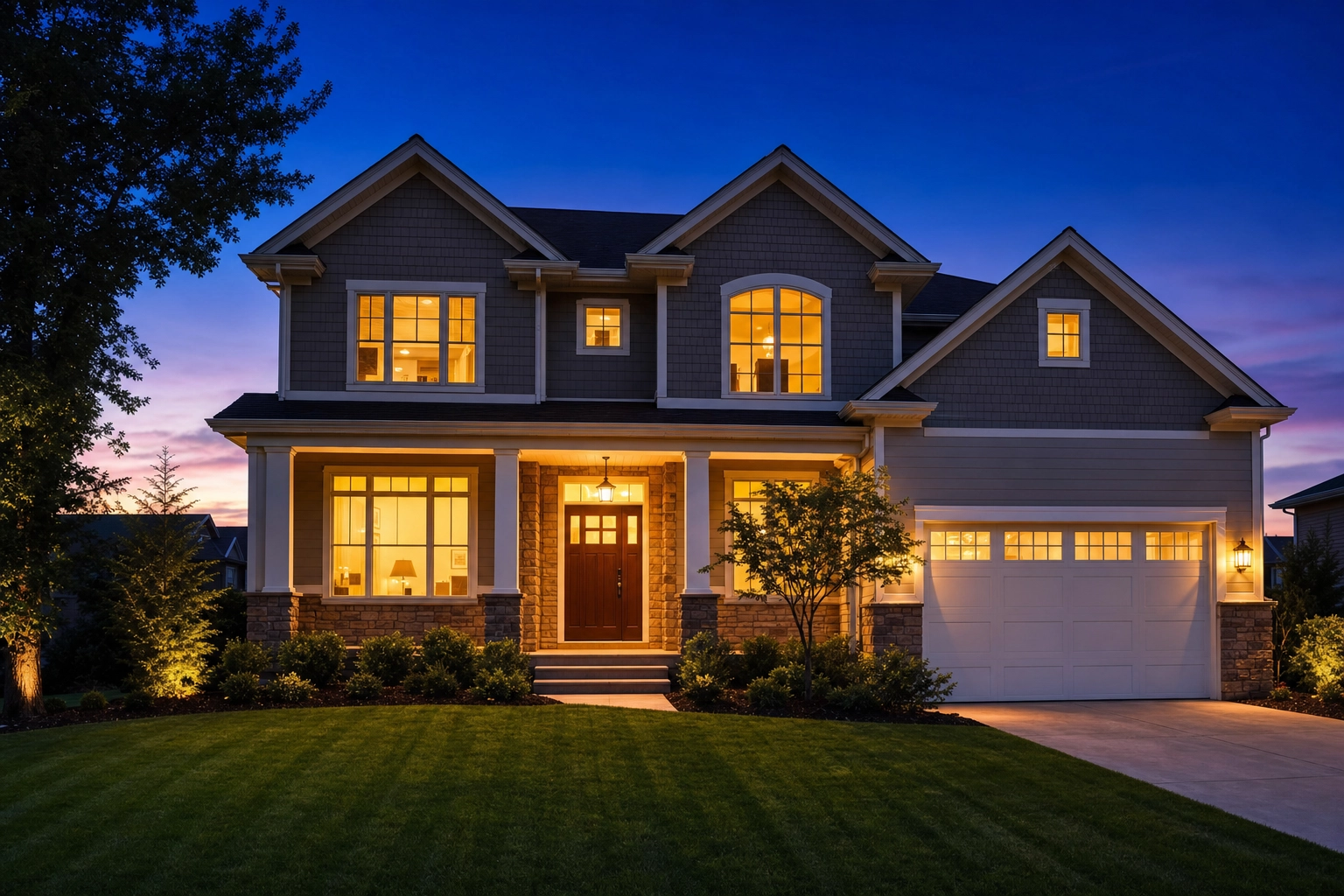 Suburban home glowing at warm dusk, representing a listing-ready property after effective staging and photos