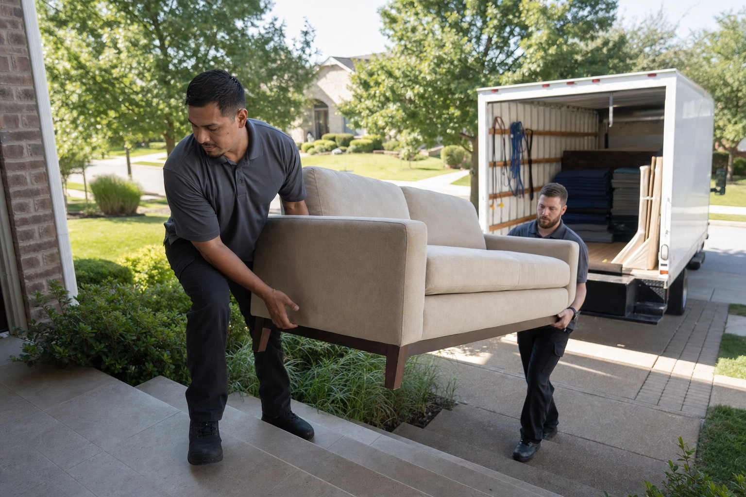 Movers carrying a sofa into a home from a delivery truck, showing the cost and logistics of physical staging