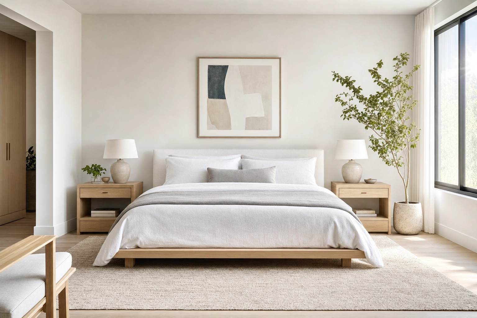 Bright modern Scandinavian primary bedroom showing one of several virtual staging design styles for buyers