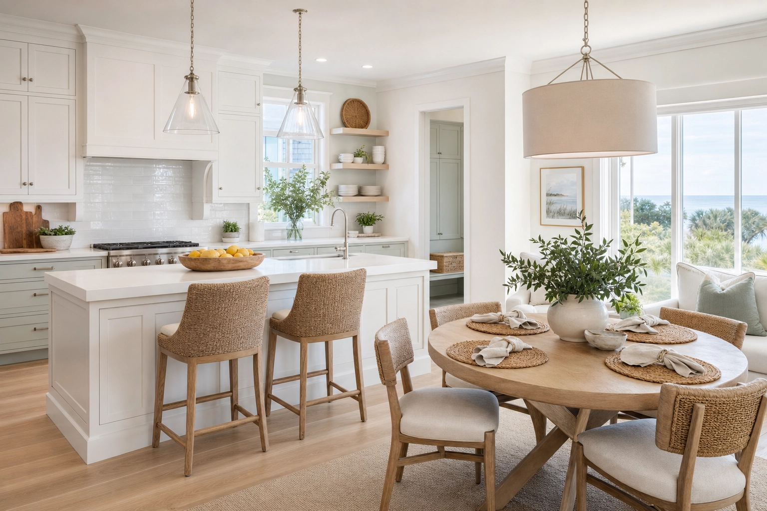 Bright staged kitchen and dining area in a transitional coastal style, a high-impact room to stage for buyers