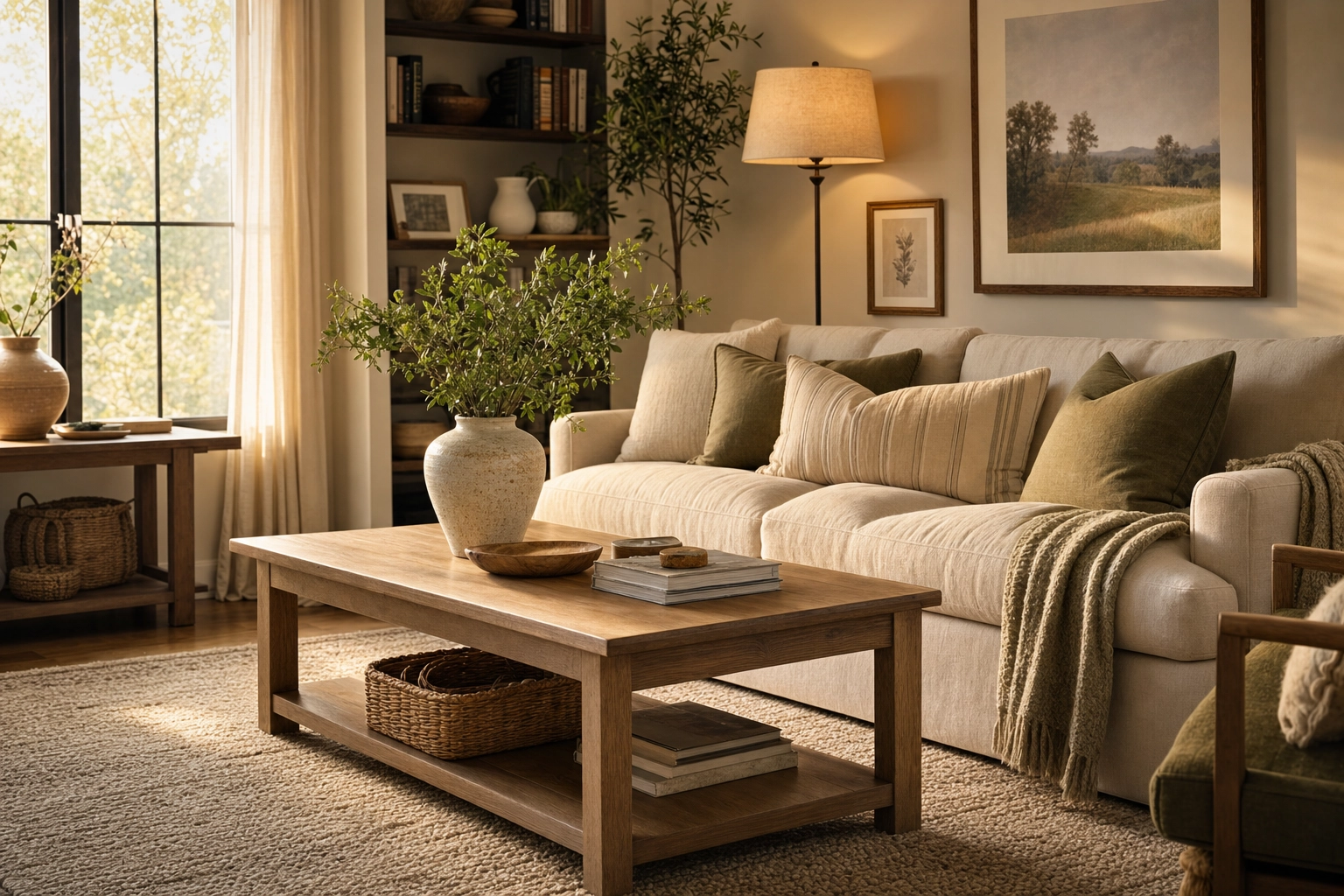 Warmly furnished living room in a transitional farmhouse style showing the inviting result of home staging