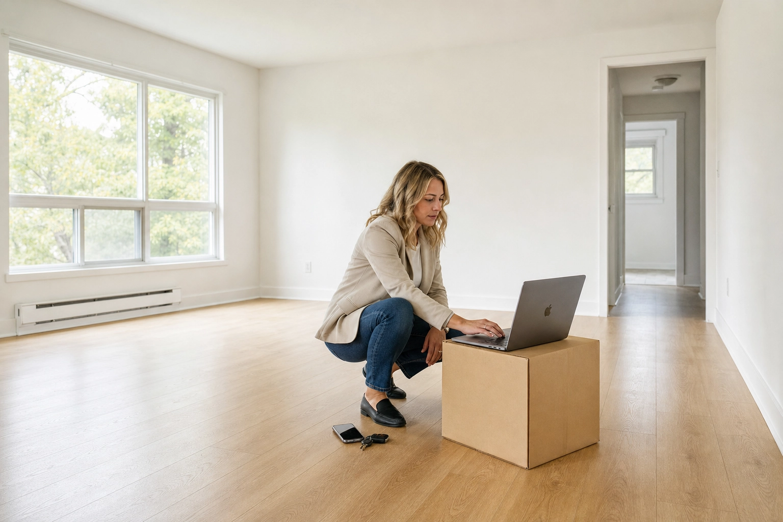Real estate agent with a laptop virtually staging photos of an empty apartment