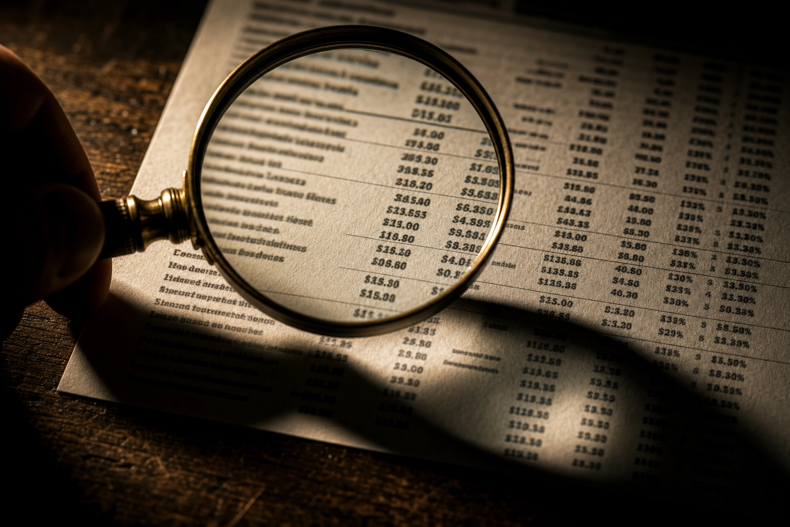 Magnifying glass over blurred fine print on a pricing sheet, evoking hidden virtual staging fees