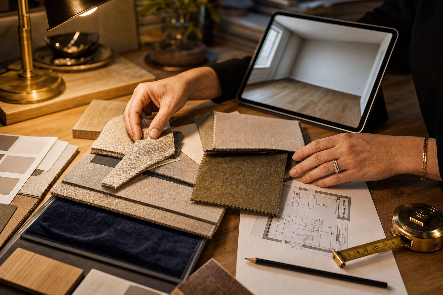 Interior designer's hands arranging fabric swatches and a floor plan for designer virtual staging