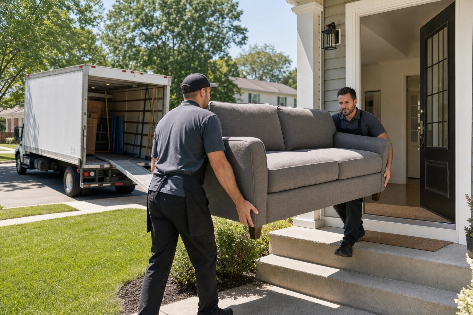 Movers carrying a sofa into a home — the furniture logistics behind physical staging costs
