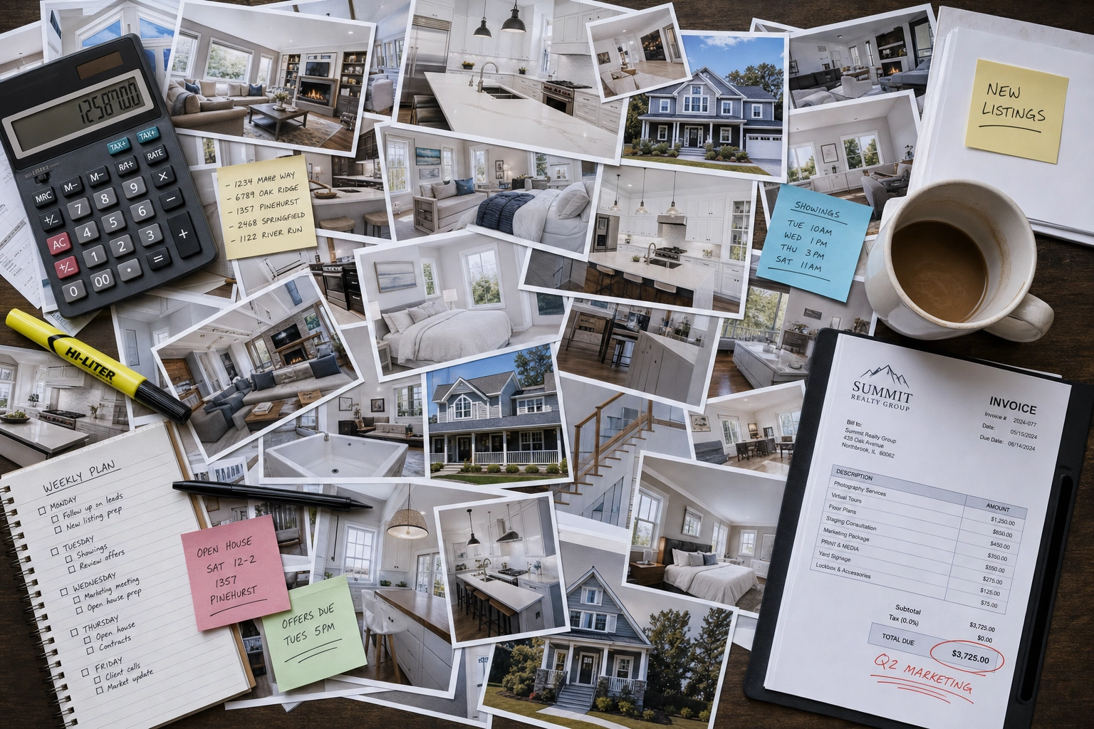 Overhead view of a real estate desk piled with printed listing photos and a calculator