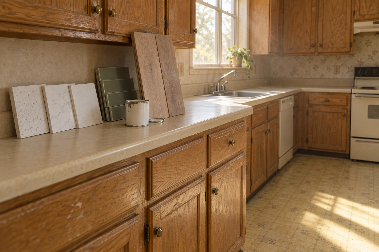 Dated oak kitchen with quartz, tile and flooring samples on the counter, the renovation work human staging companies still sell