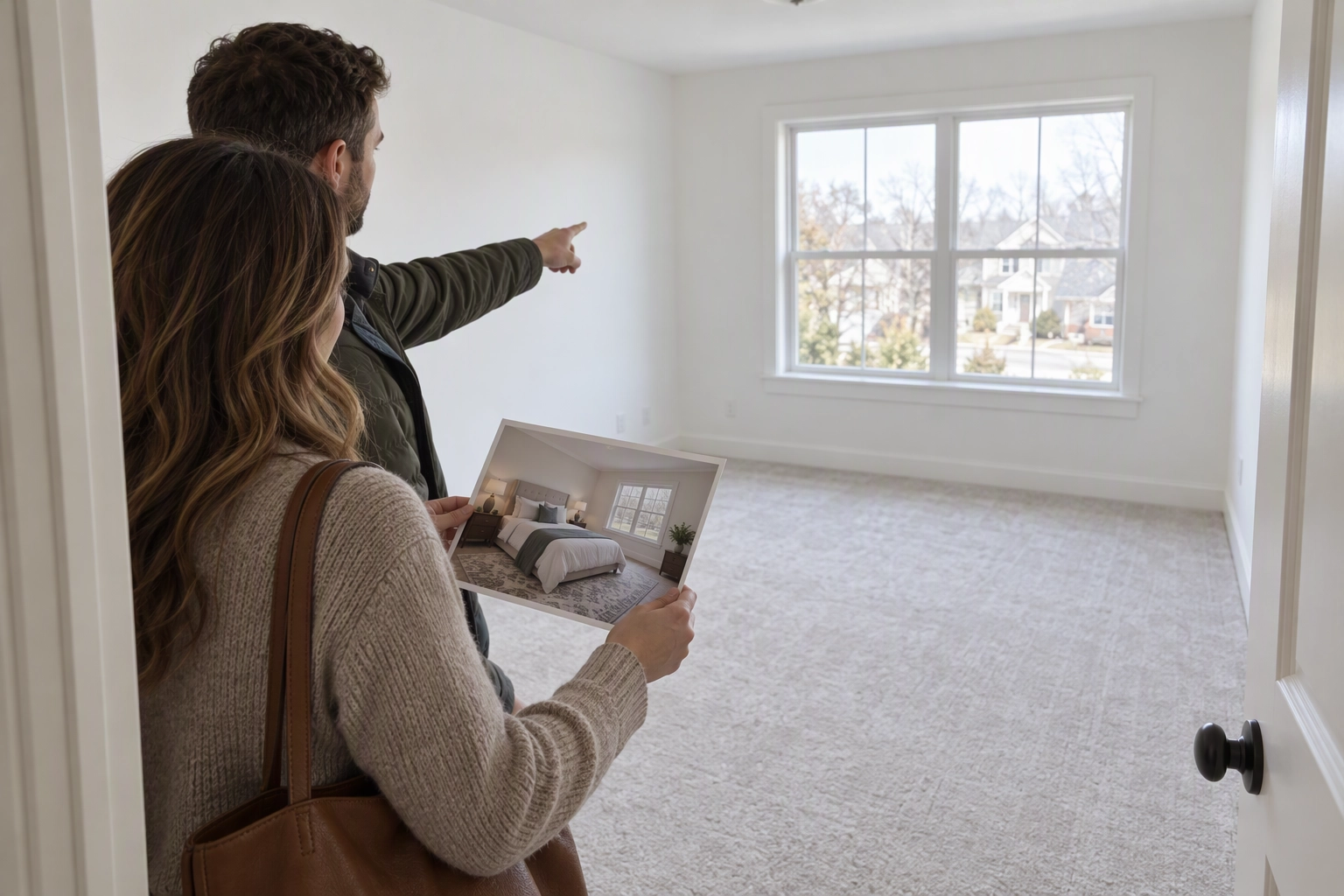 Couple at an open house comparing a printed virtually staged photo with the real empty bedroom, why disclosure matters