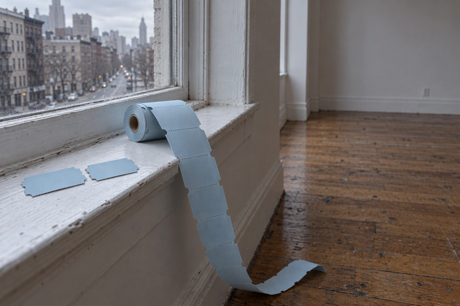 Roll of unused blank tickets on the windowsill of an empty apartment, a metaphor for monthly virtual staging credits that expire