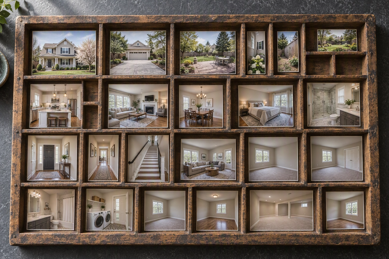 Wooden type case holding small prints of one house, from facade to bathrooms and empty rooms, the full photo set a listing needs