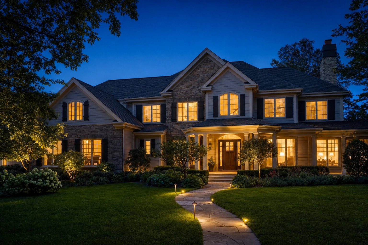 Suburban home at twilight with warm glowing windows, representing the hybrid virtual and real staging strategy