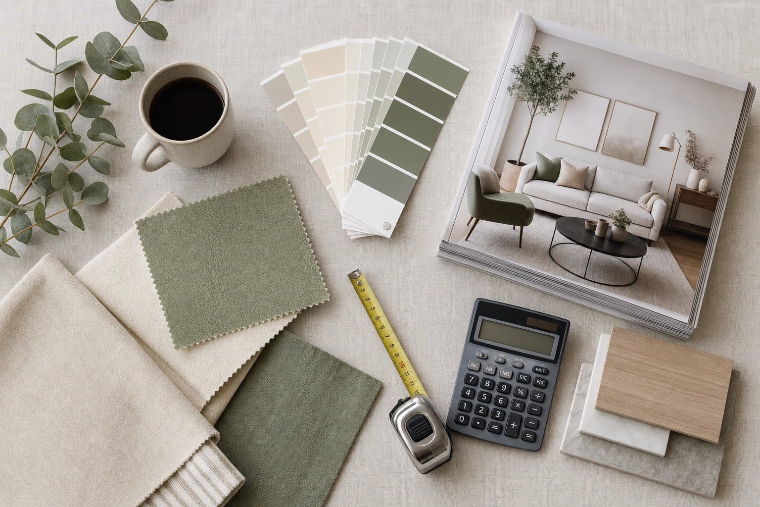Overhead flat-lay of a home stager's desk with fabric swatches, catalog and calculator, representing real staging costs