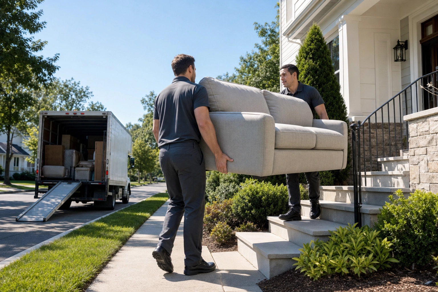 Movers carrying a sofa up the front steps of a home, showing the days-to-weeks logistics of real staging