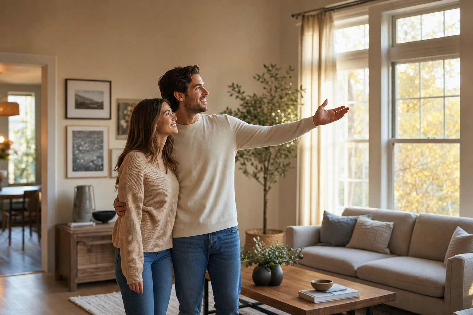 Couple smiling in a fully furnished staged living room at a showing, illustrating where real staging wins in person