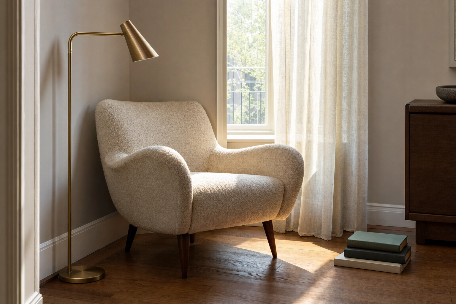 Close-up of a furnished room corner with accurate shadows and to-scale furniture, showing realistic structure-preserving staging
