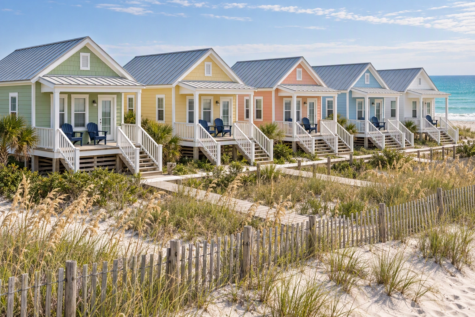 Row of pastel beach cottage vacation rentals with matching porches, a portfolio that needs one consistent photo grade