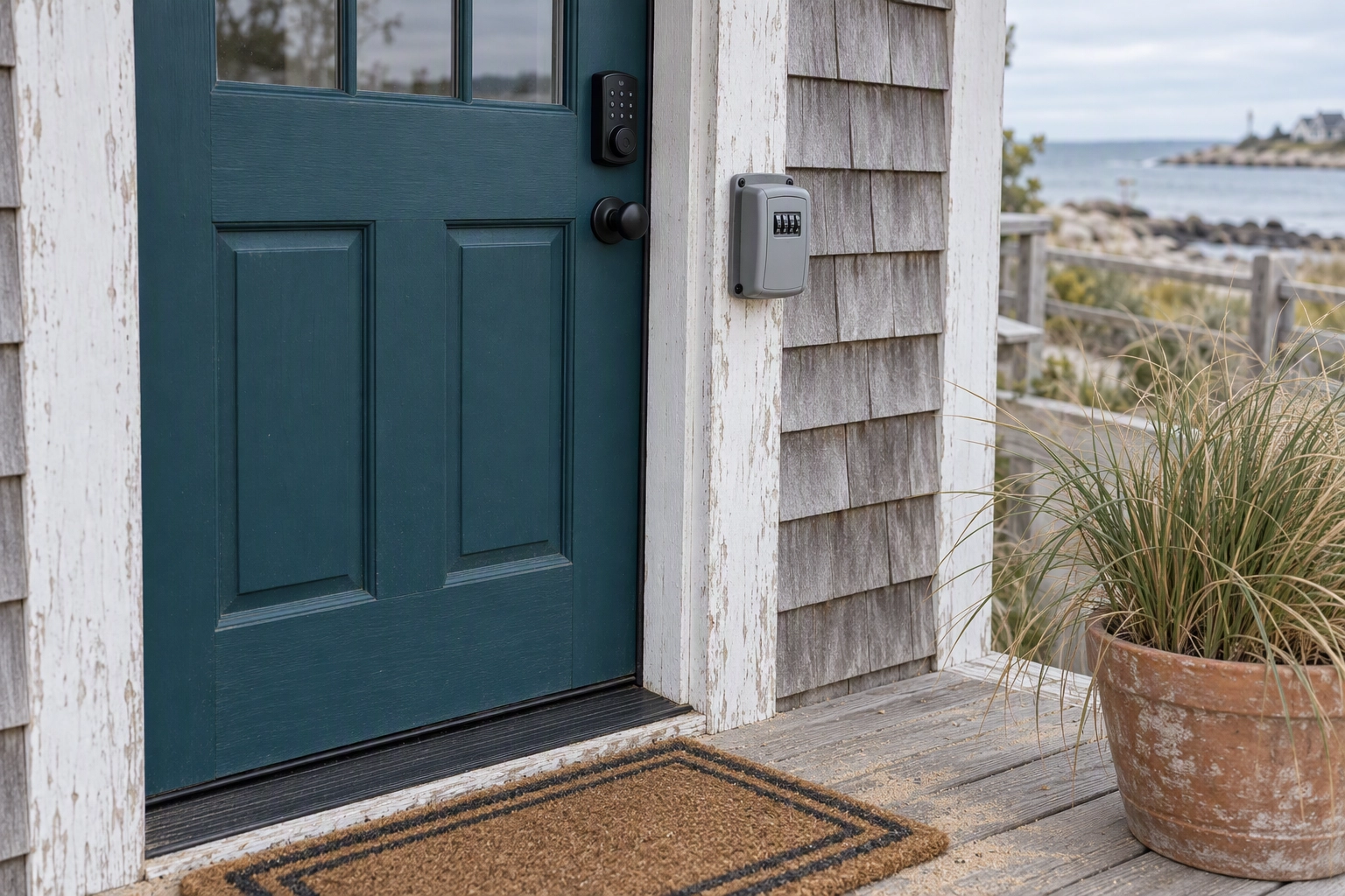 Teal cottage door with a keypad deadbolt and key lockbox, access details Vrbo content policy keeps out of listing photos