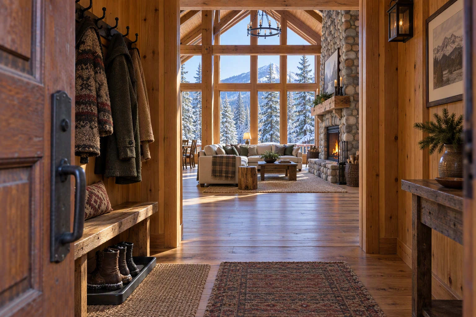 Open cabin front door leading through the entry hall to a bright great room, the walk-through order for a Vrbo photo gallery
