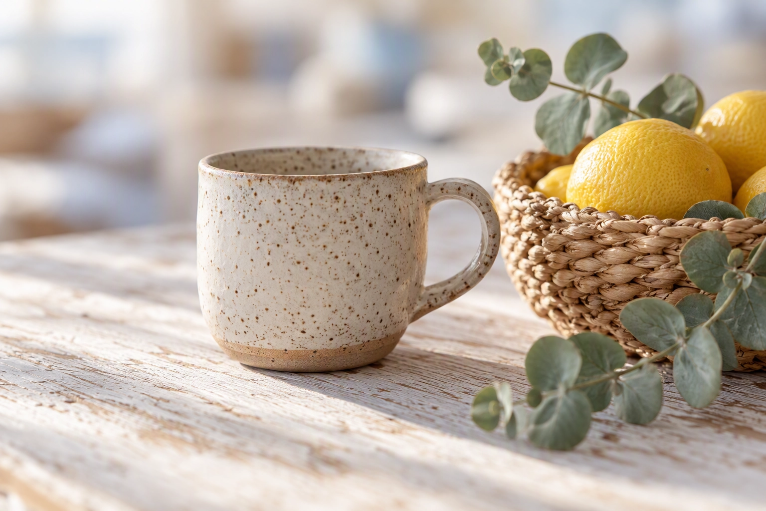 Shallow-focus close-up of a mug and lemons on a rental counter, the kind of close-up Vrbo rejects as a listing photo