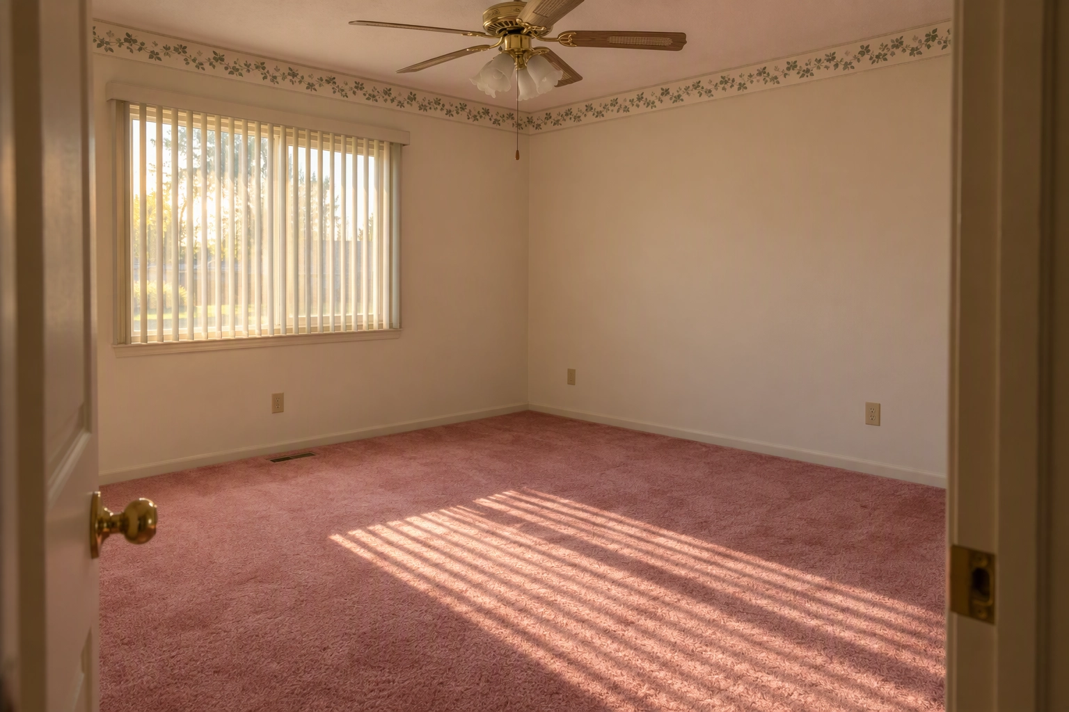 Empty 1990s bedroom with rose carpet and brass ceiling fan, dated finishes virtual staging leaves untouched, unlike renovation