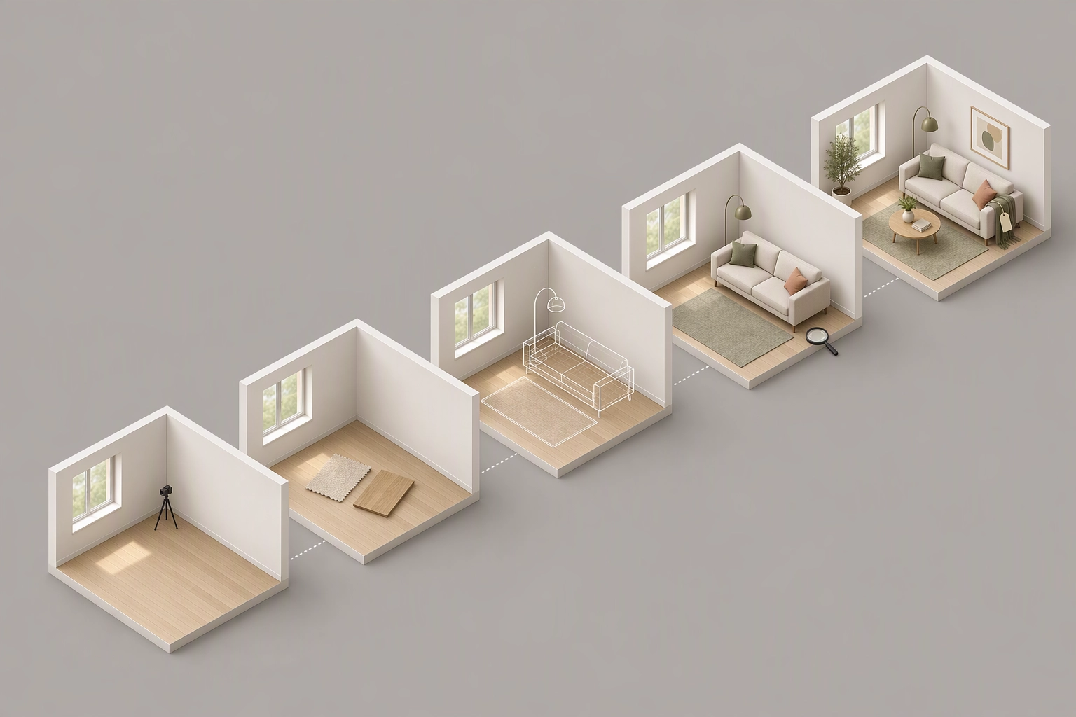 Isometric illustration of how virtual staging works in five steps, from an empty room to a furnished, labeled room