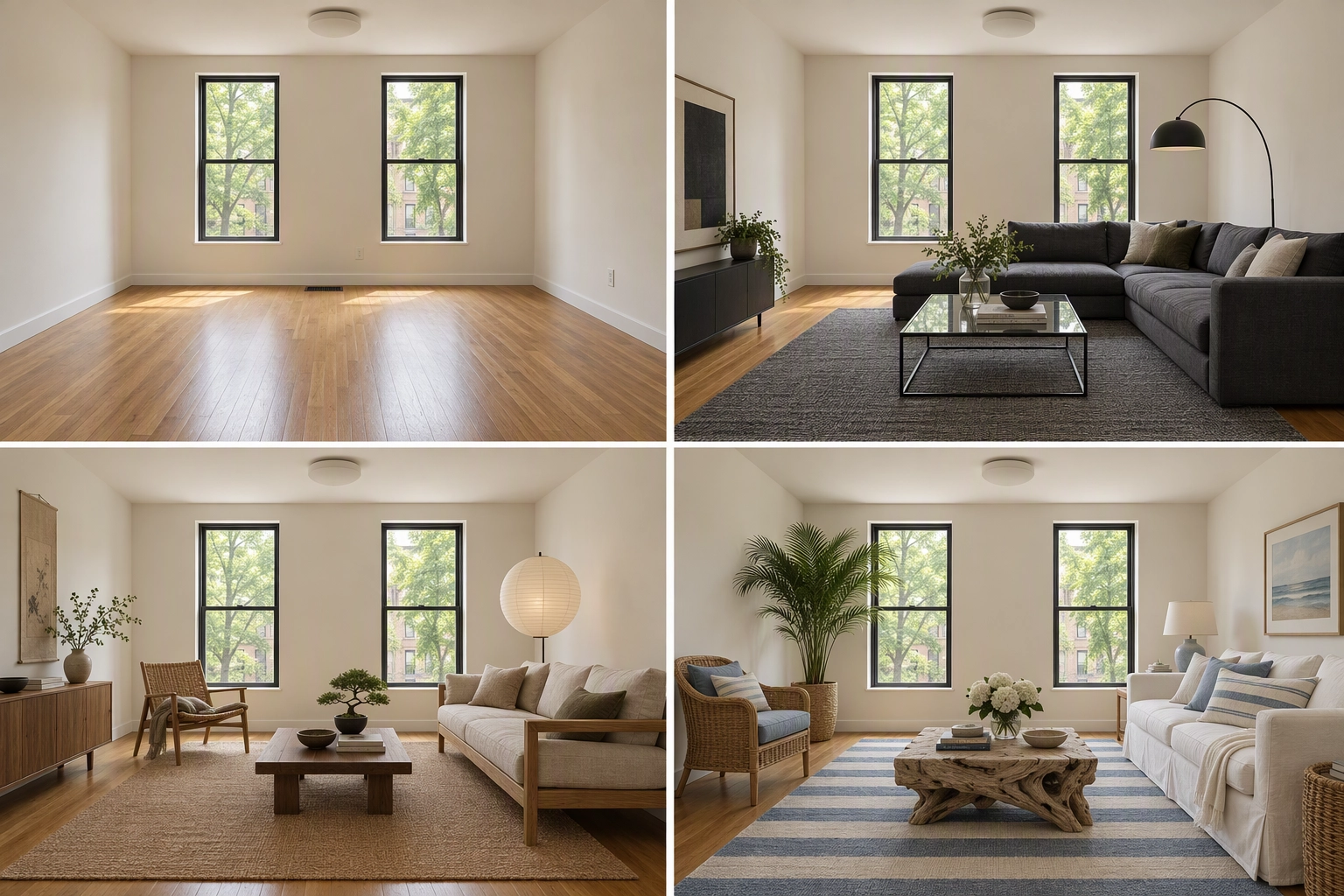 The same empty living room shown empty and virtually staged in Modern, Japandi and Coastal styles, windows and floor unchanged