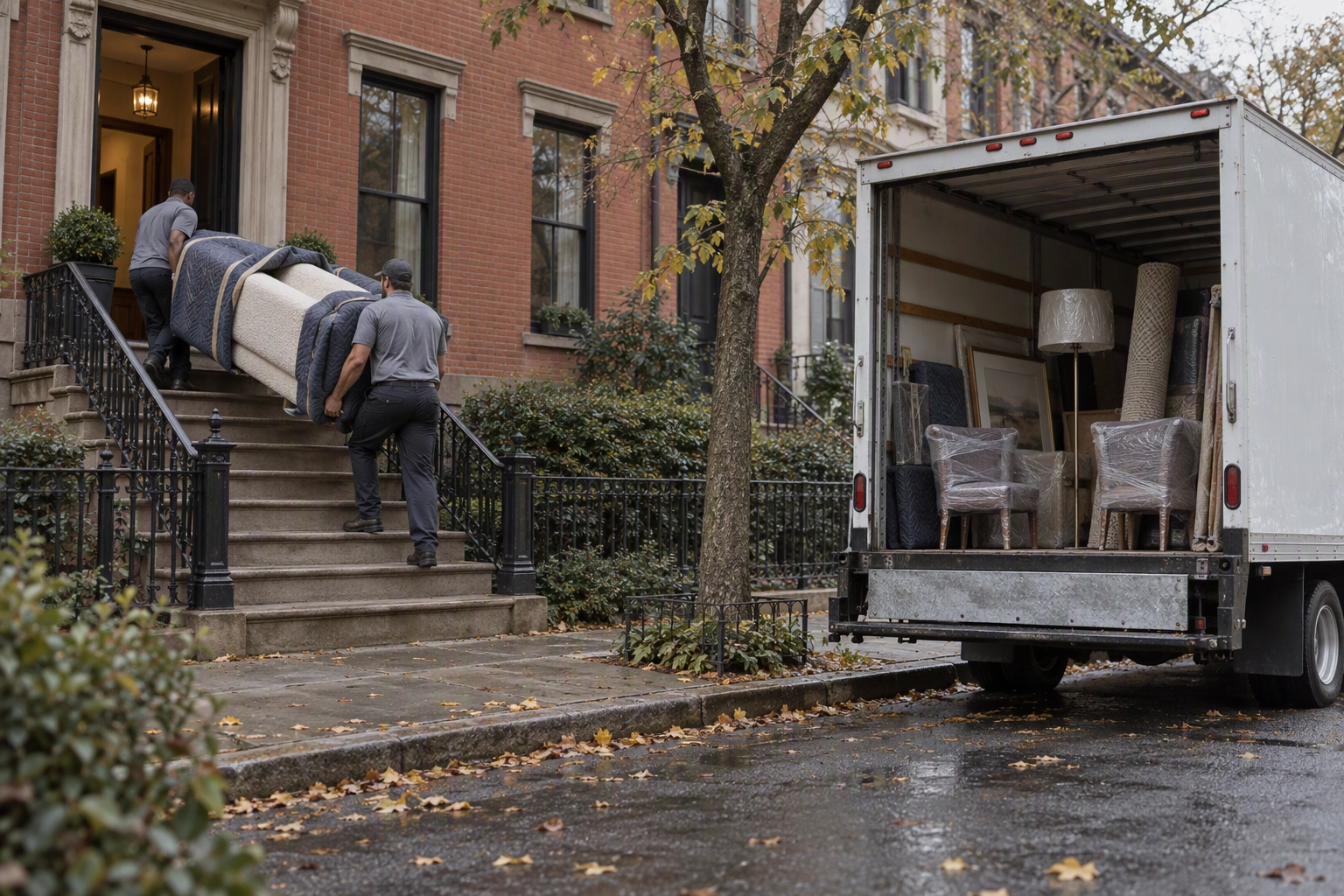 Movers carrying a rented sofa up townhouse steps for traditional home staging, the cost and logistics virtual staging avoids