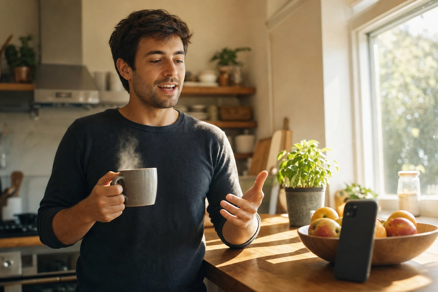 Man practicing spoken English out loud at home in a sunny kitchen with coffee, getting daily conversation reps