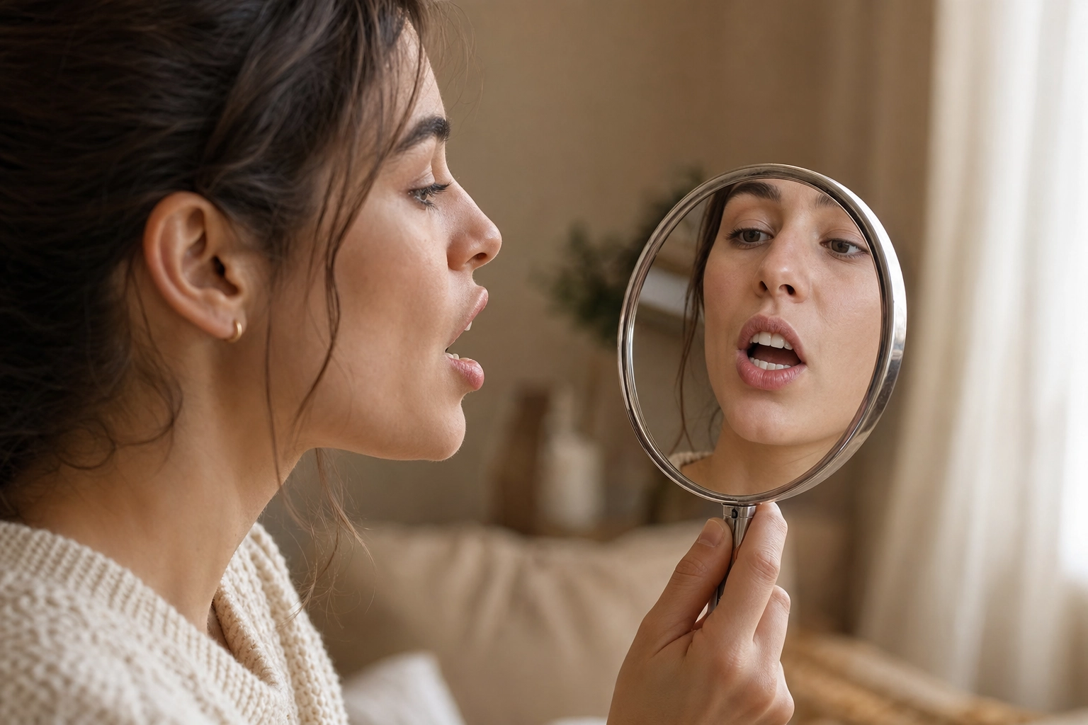 Woman checking her mouth and tongue position in a handheld mirror while practicing a difficult English sound