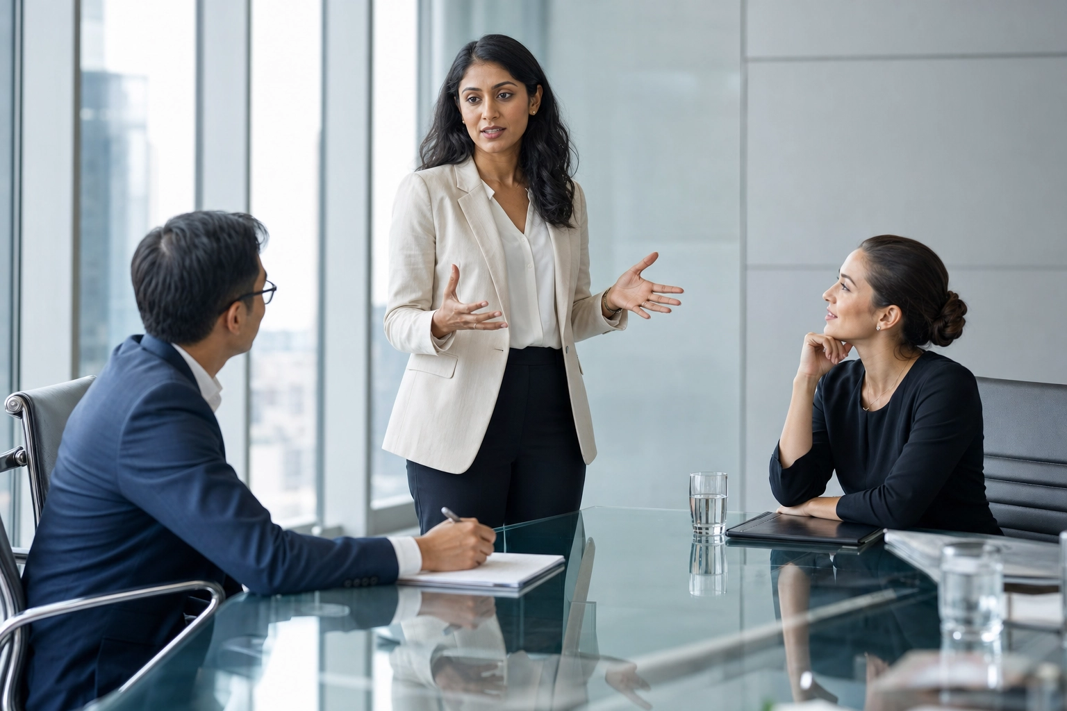 Non-native professional speaking clearly and confidently in an office meeting while colleagues listen attentively