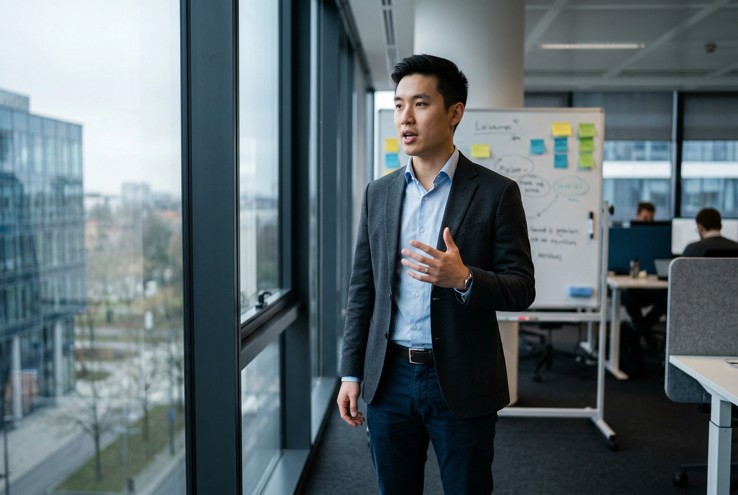 Professional practicing business English speaking skills in a modern office setting