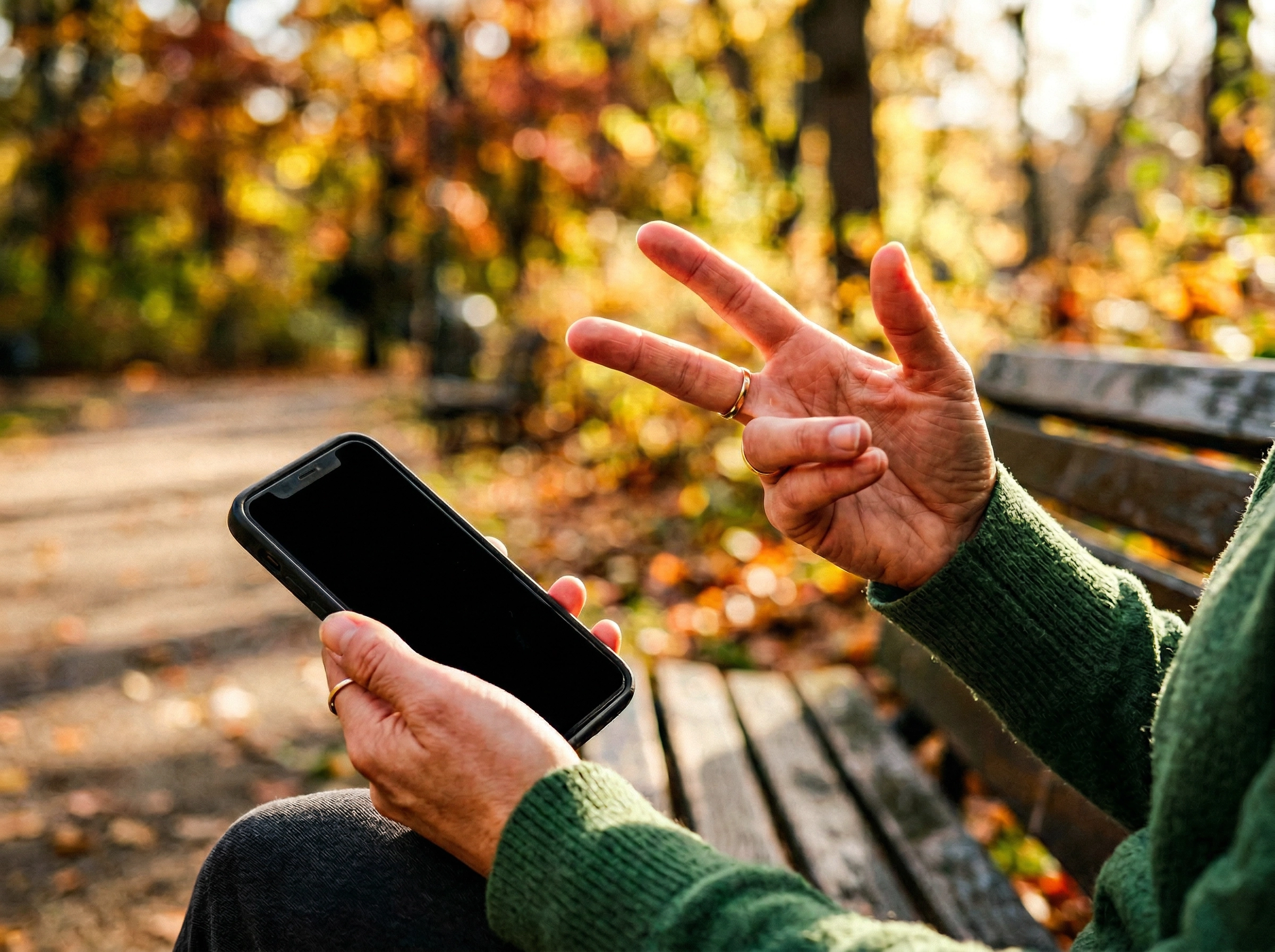 Person using conversation AI app for speaking practice on a park bench in autumn