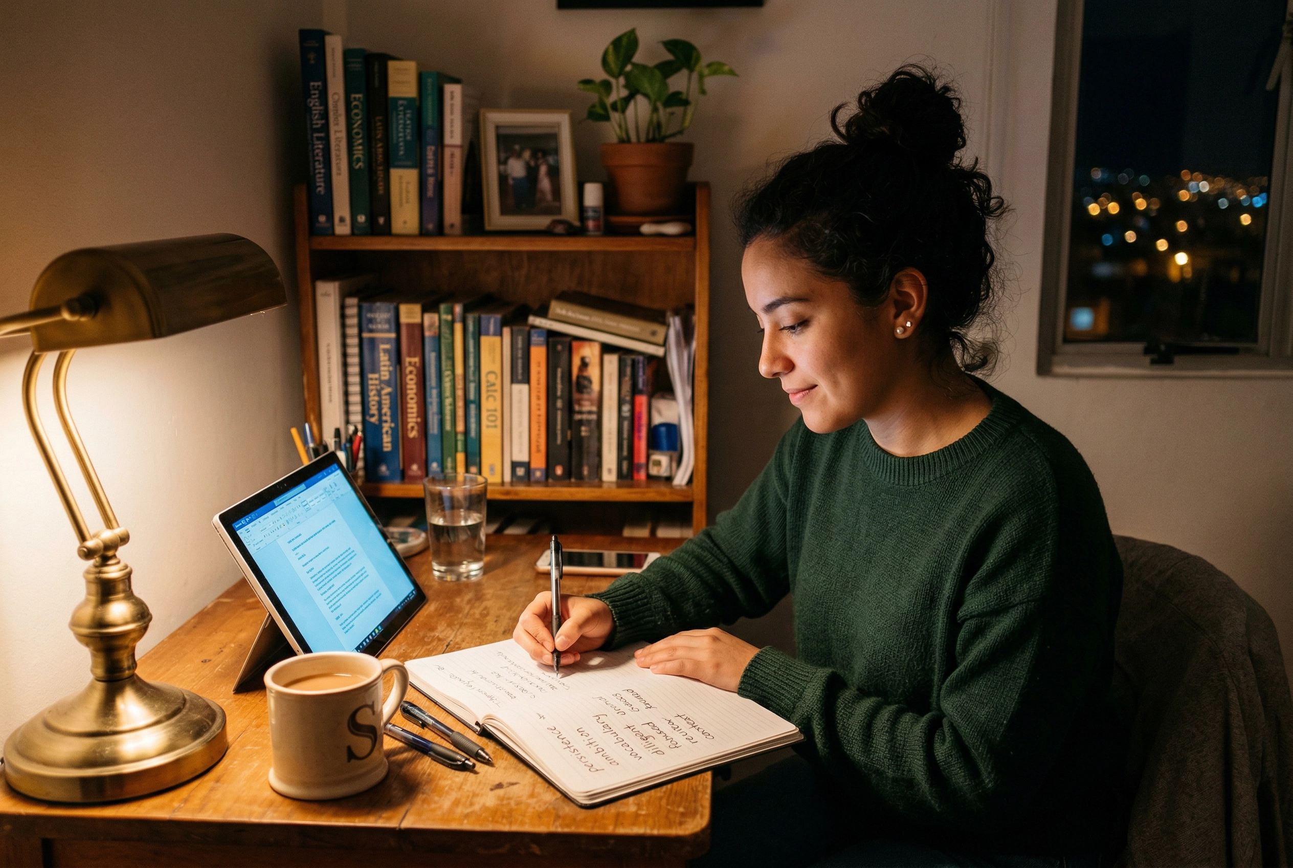 Student practicing English with an AI language learning app during evening study session