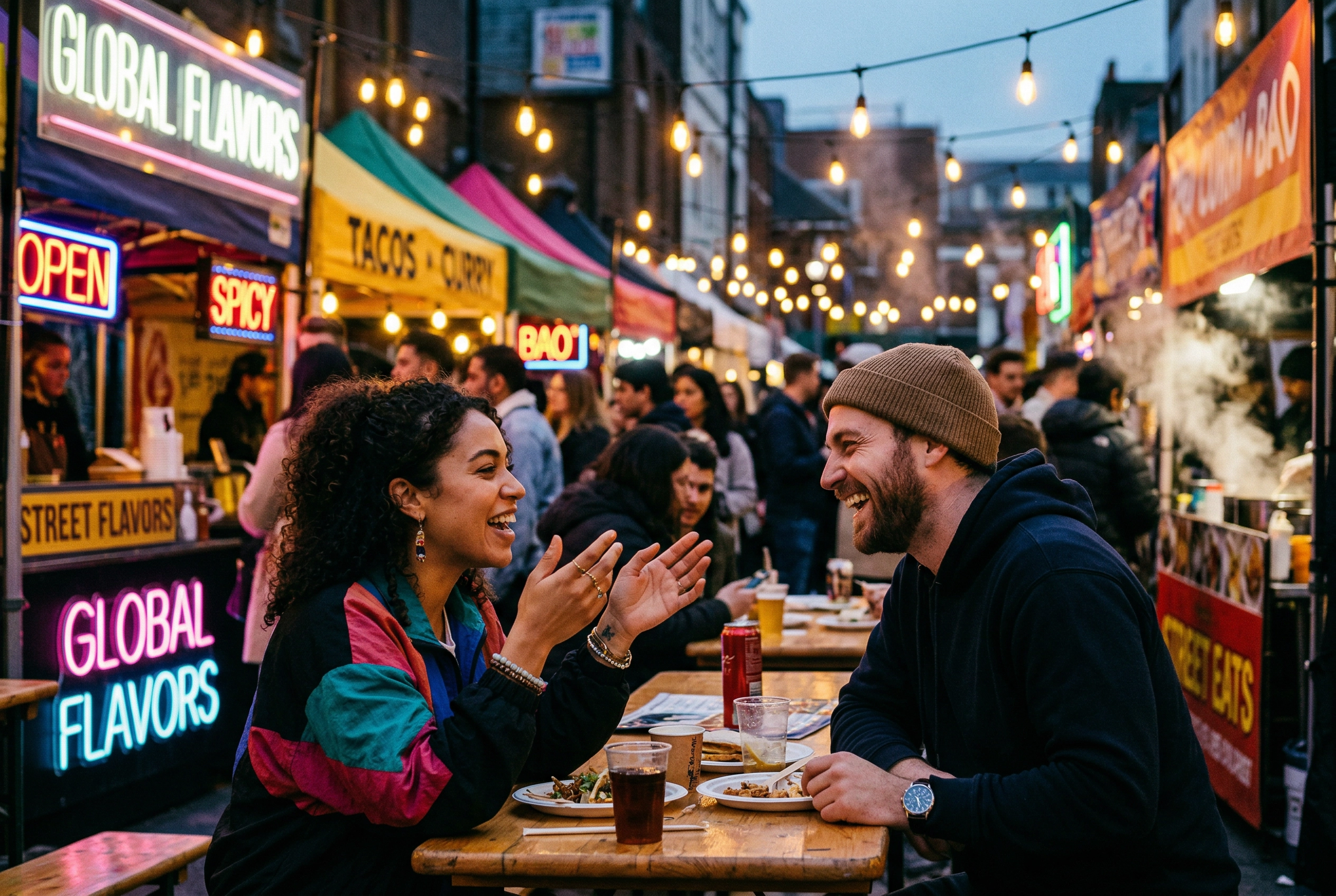 Two people enjoying real conversation at a street market illustrating language fluency goals