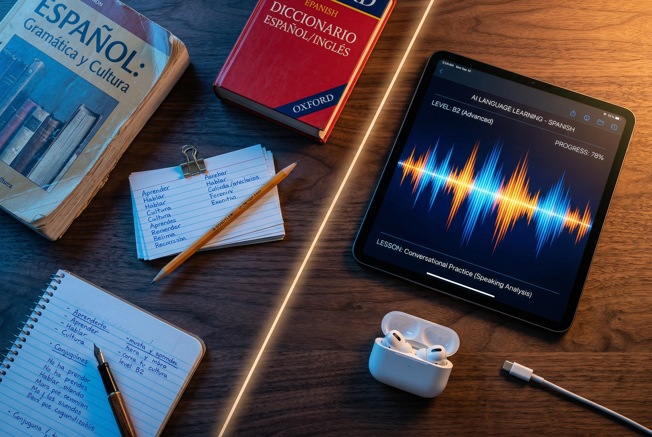 Traditional language textbooks versus modern AI language learning apps on a desk
