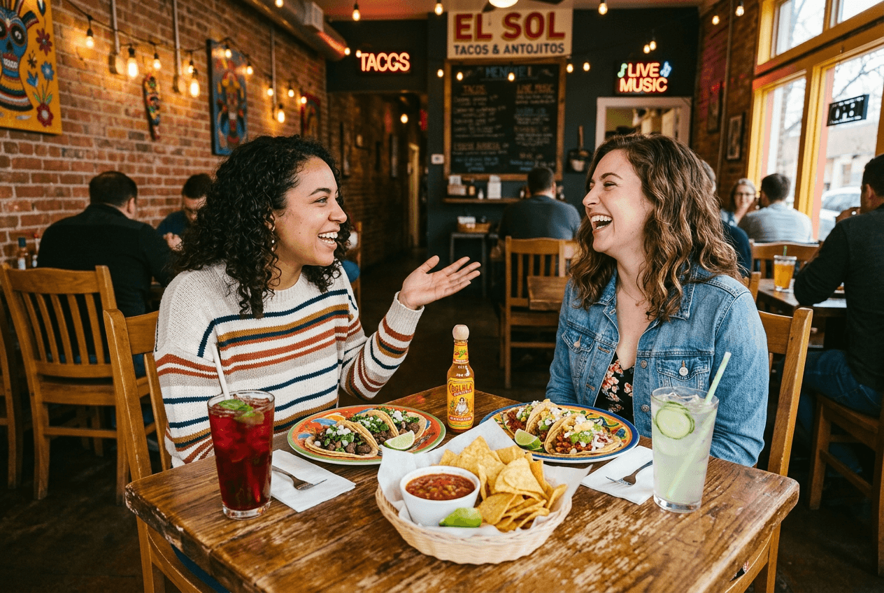 Two friends chatting over lunch at an American restaurant practicing casual English conversation