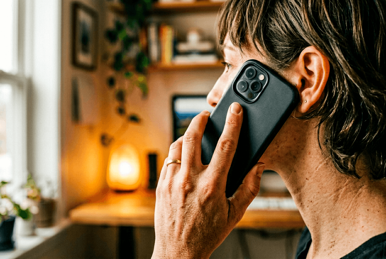 Person making a phone call practicing American English conversation phrases for appointments