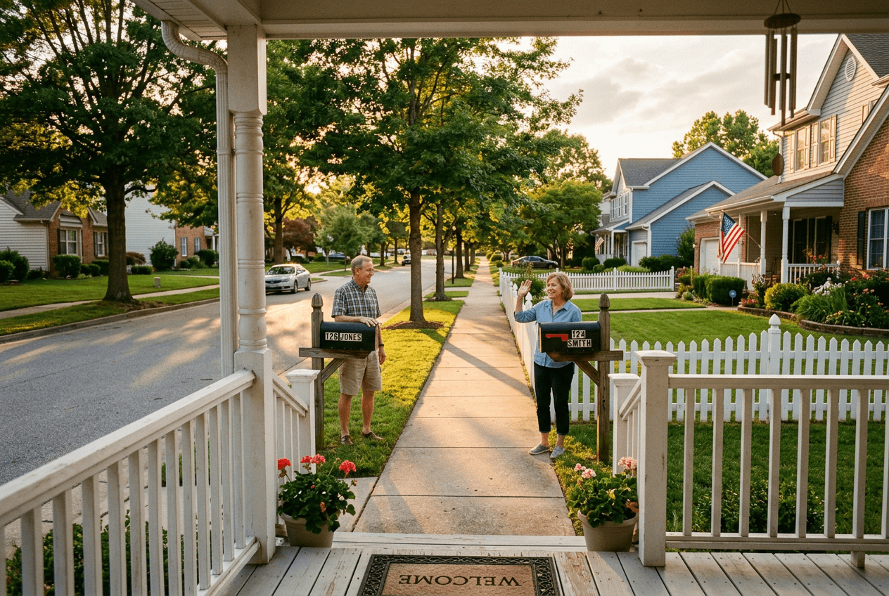 Neighbors chatting by mailboxes in American suburb practicing small talk English conversation