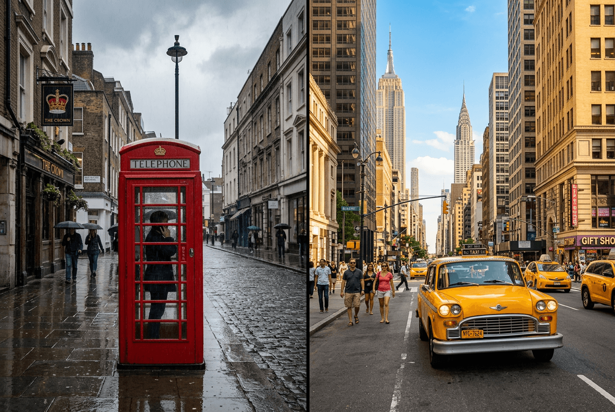 British telephone booth versus American taxi cab showing American English and British English differences