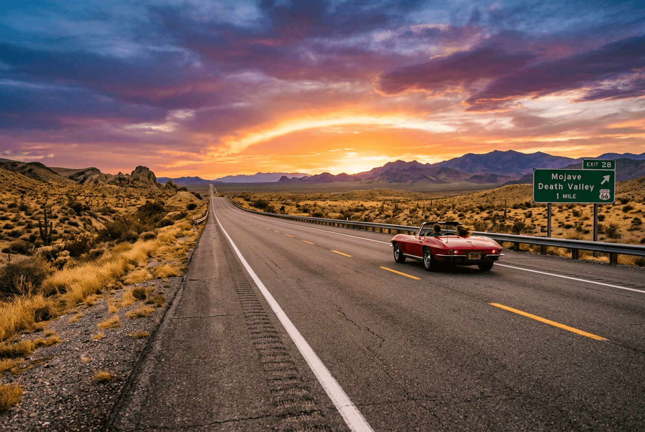 American highway stretching into sunset with red convertible representing driving idioms and car culture