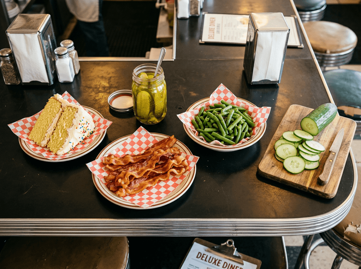Classic American diner counter with cake, pickles, bacon, and cucumber representing food-related English idioms