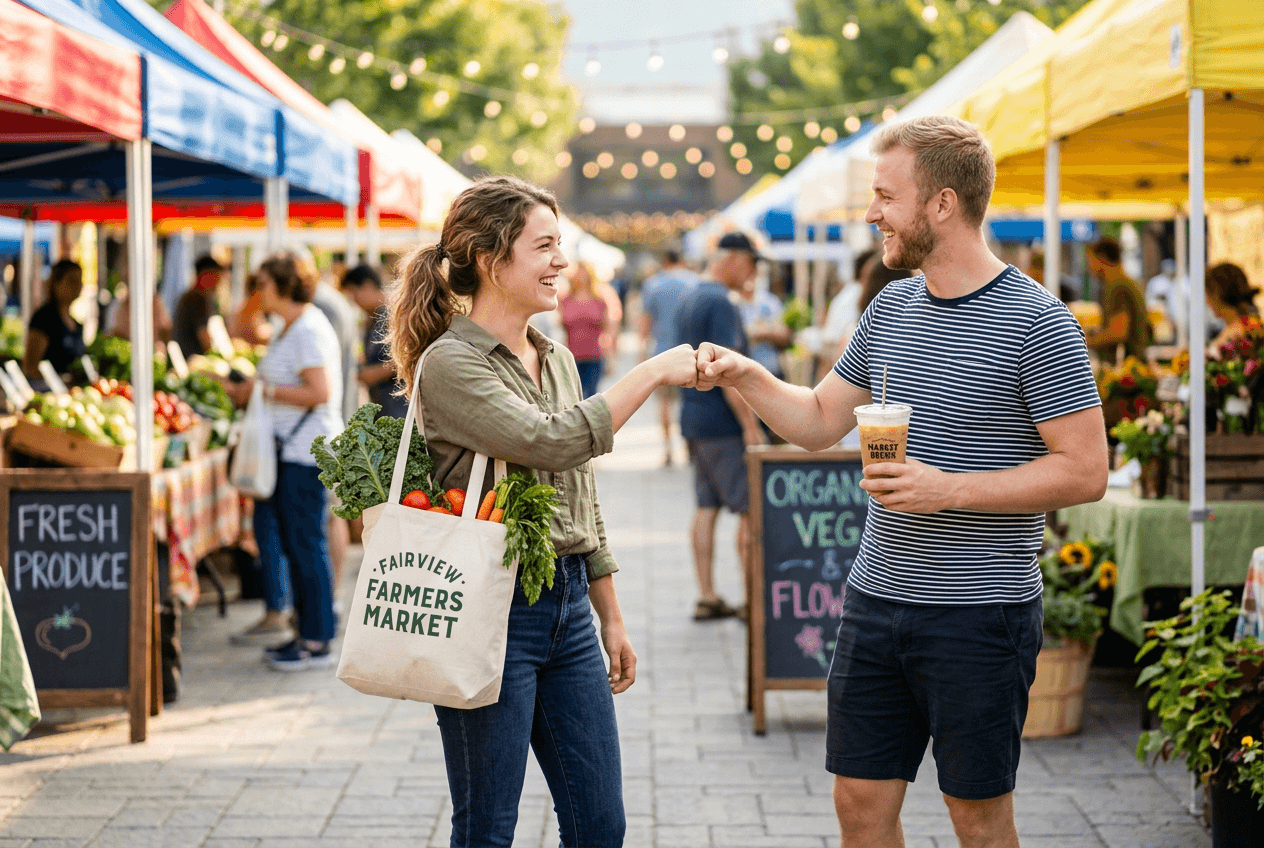Two friends casually greeting each other at an American farmers market with iced coffee and tote bags