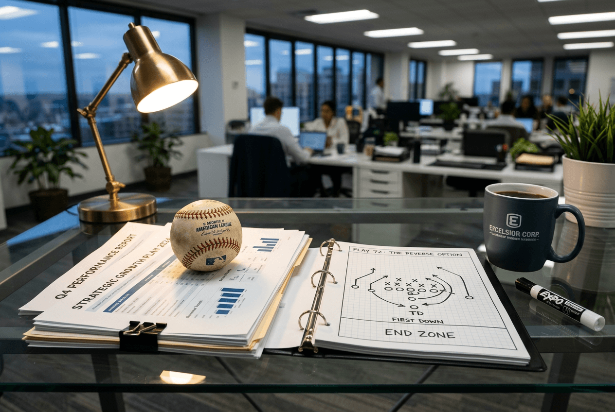 Baseball on business reports next to football playbook showing sports idioms crossing into American office culture