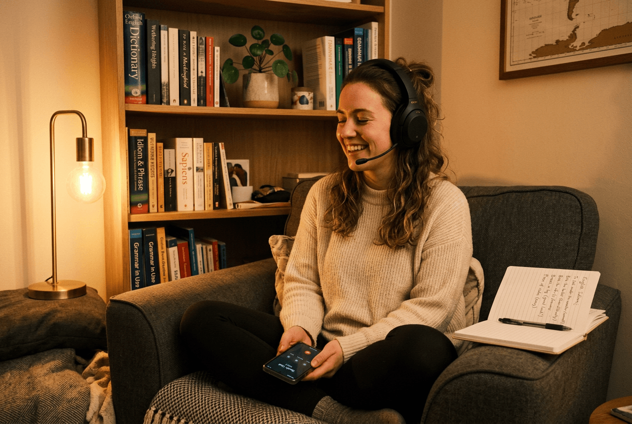 Woman practicing English speaking with headphones in cozy home setting with idiom notes on armchair