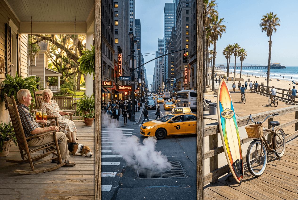 Three regional American scenes showing Southern porch, New York City street, and California beach representing regional idiom differences