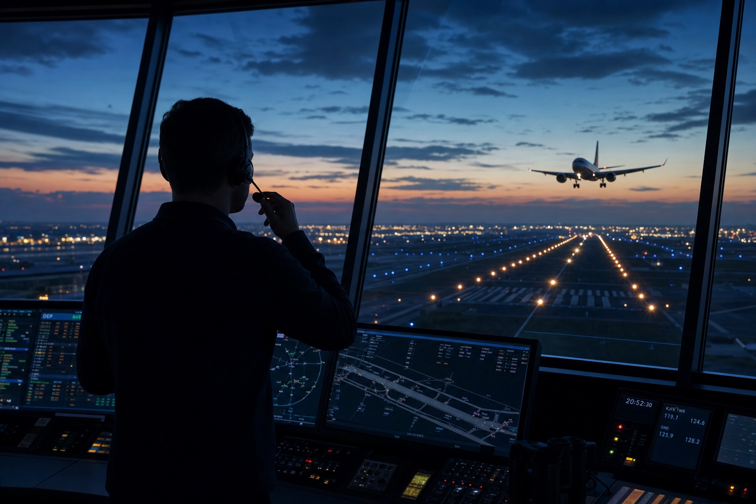 Air traffic controller speaking into a headset in a control tower at dusk, illustrating the hearback side of radio communication