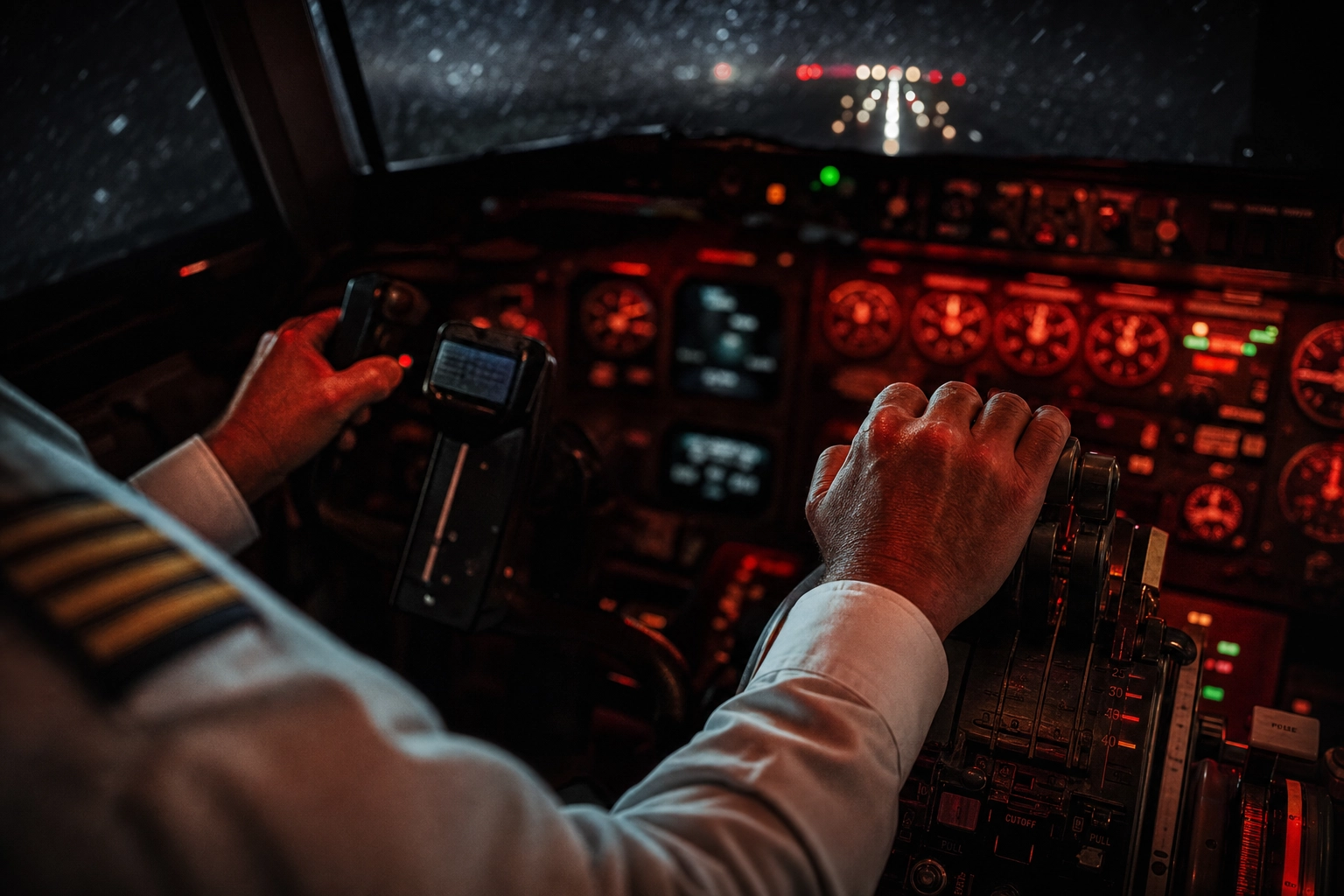 Pilot's hands on the thrust levers in a red-lit night cockpit during an emergency, showing high-stakes radio clarity