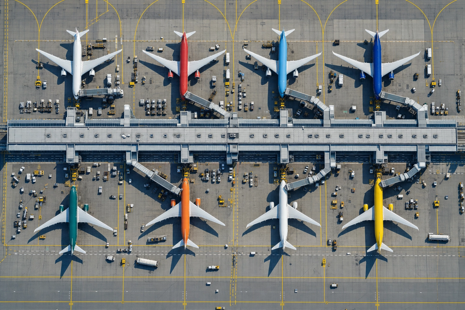 Overhead view of airliners from many countries at an international airport, showing the global scale of aviation English