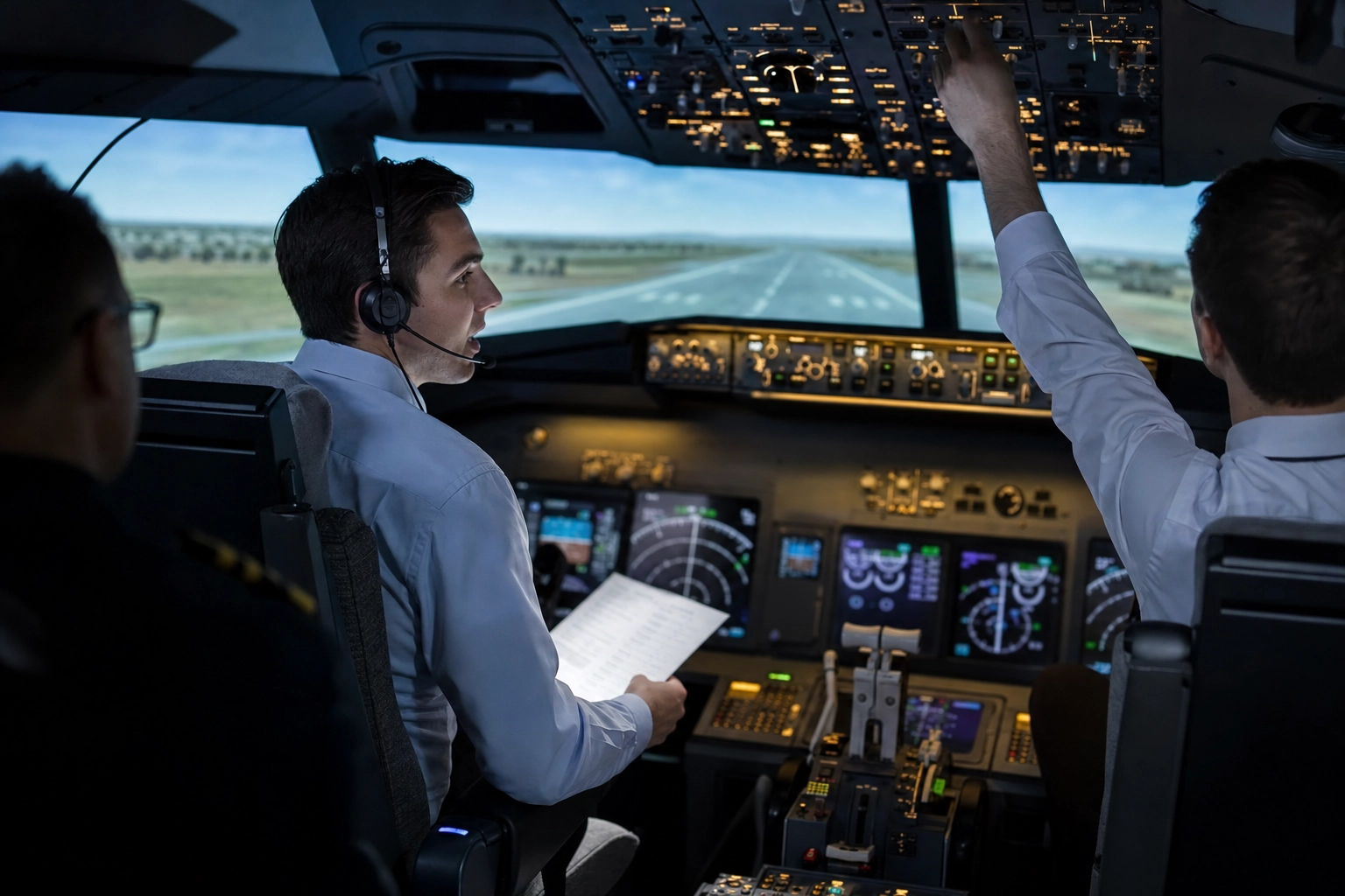 Two trainee pilots practicing radio calls and checklists in a flight simulator while training toward ICAO Level 4 English