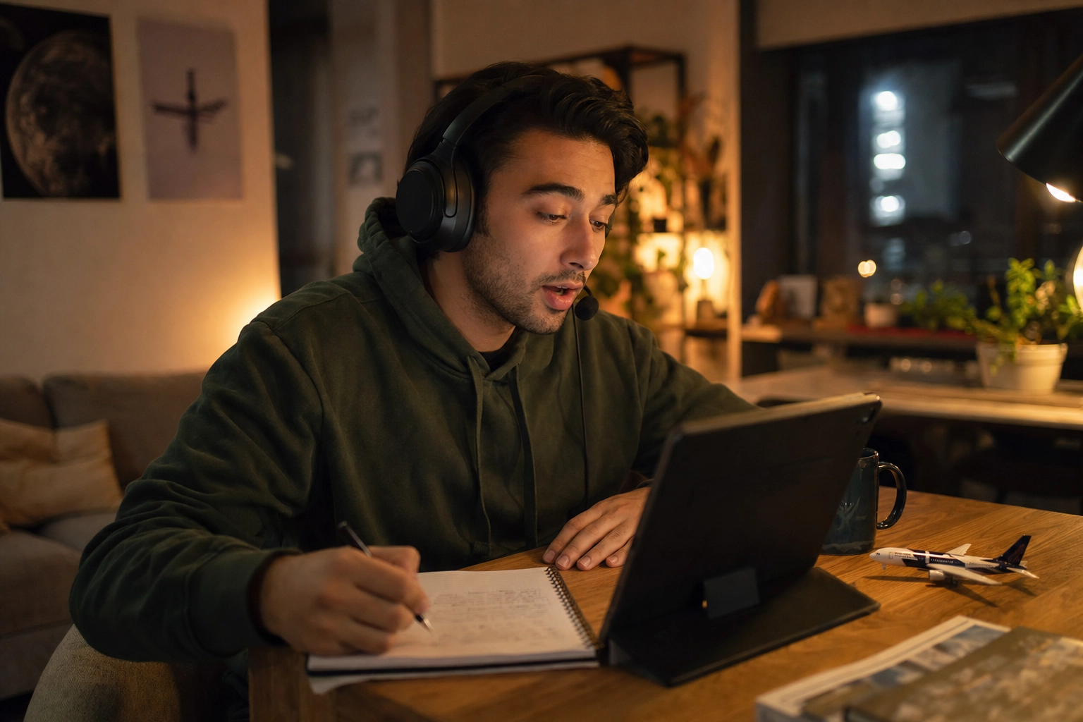 Non-native pilot wearing a headset practicing aviation English radio calls aloud at a home desk in the evening